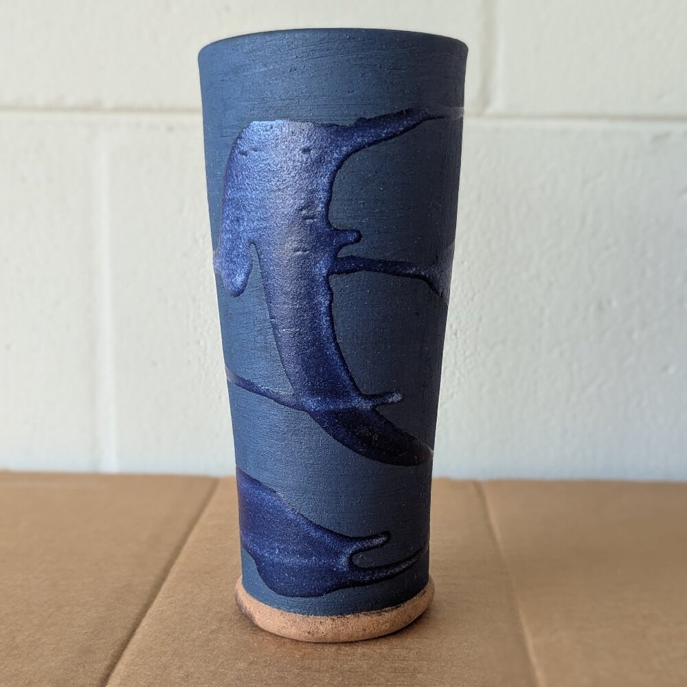 Handmade Studio Art Pottery Alfa Dom J Blue Glaze Stoneware Vase Vessel Signed